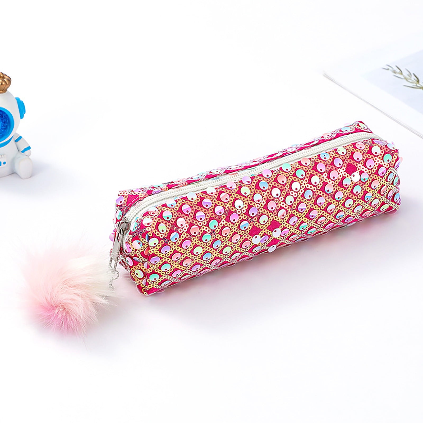 Sequin Preppy Pencil Case for Girls Fluffy Zip Pull Pouch Bag Holographic Pen Case Sparkling School Stuff Shimmery Glitter Makeup Bag Rainbow Star Walmart Business Supplies