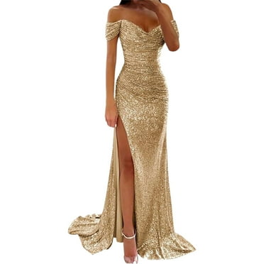 Sequin Prom Dress for Women Long Off Shoulder Sparkly Bridesmaid Dresses Slit Formal Gown Rose Gold M