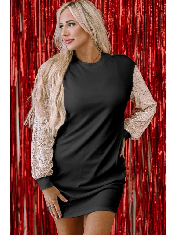 Sequin Round Neck Long Sleeve Dress