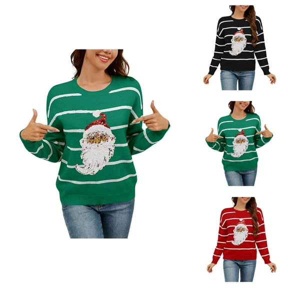 Sequin Santa Christmas Sweaters for Women 2025 Long Sleeve Crewneck Loose Striped Pullover Sweater Jumper Tops