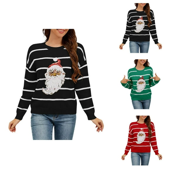 Sequin Santa Christmas Sweaters for Women 2025 Long Sleeve Crewneck Loose Striped Pullover Sweater Jumper Tops
