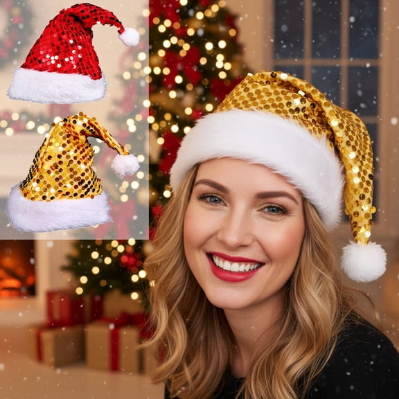 Sequin Santa Hat, Glitter Christmas Hat with Shiny Sequins and Fluffy Trims, Party Accessory for Festival Anniversary Birthday Holiday