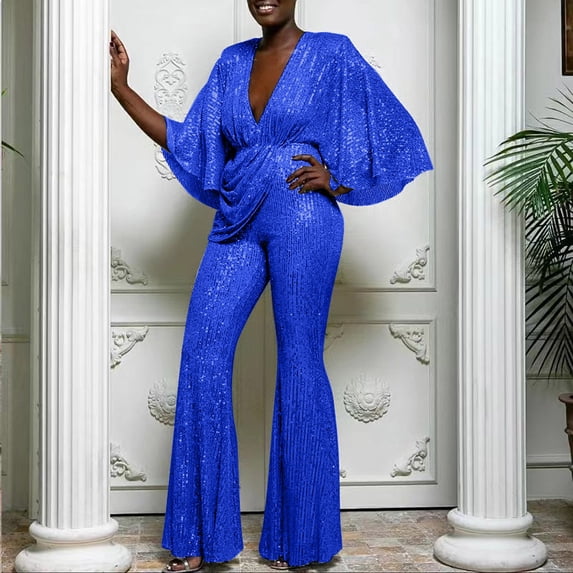 Sequin Sexy Deep V Backless Jumpsuit Trousers for Women