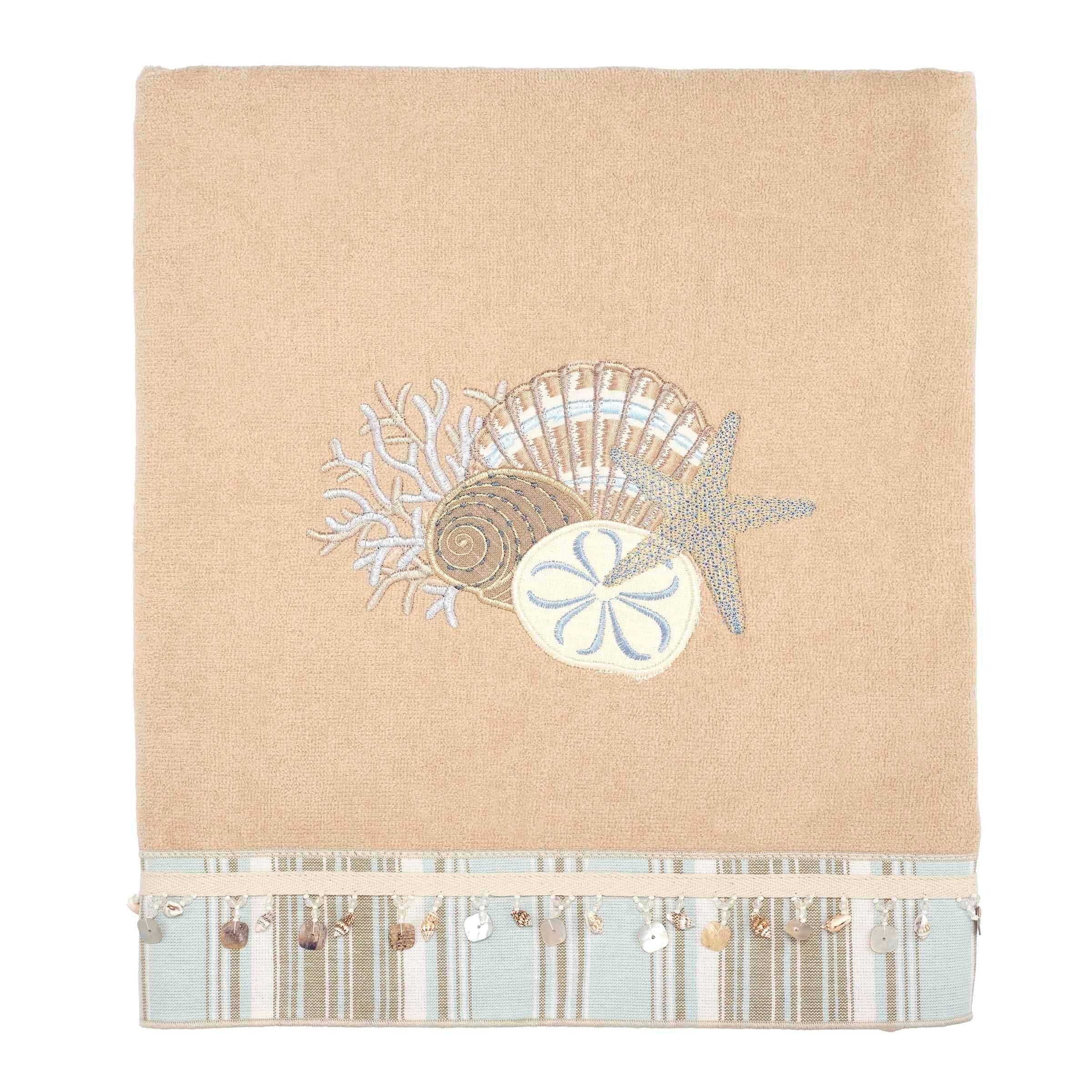 White Cotton Hand Towel with Blue Starfish Embroidery