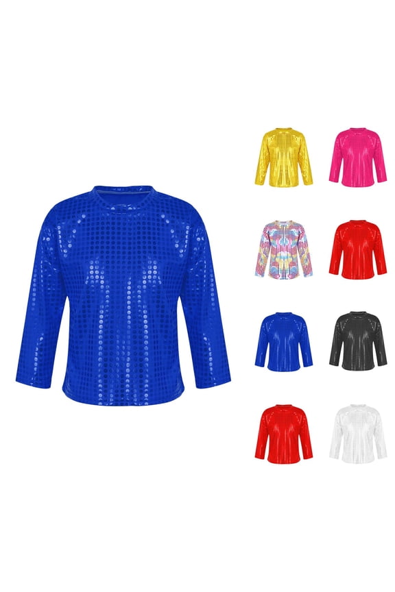 Sequin Shirts for Girls Boys 2026 Fashion Long Sleeve Glitter Sparkle Crewneck Tshirt Shirts Kids Carnival Rave Top