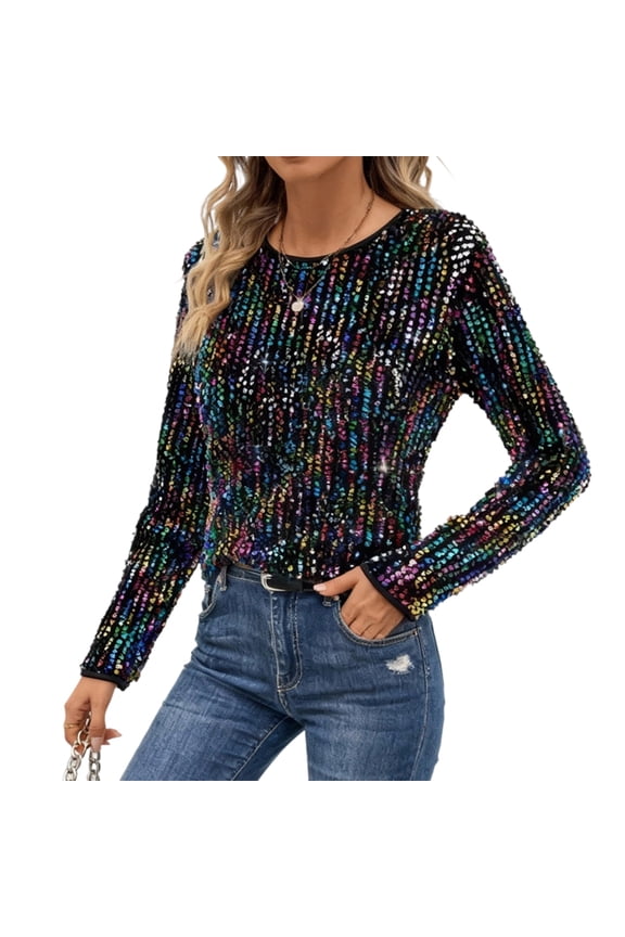 Sequin Shirts for Women Crew Neck Long Sleeve Sparkly Evening Party Concert Shirt Blouse for Daily Wear enjoyment