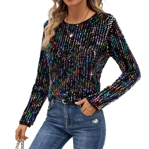 Sequin Shirts for Women Crew Neck Long Sleeve Sparkly Evening Party Concert Shirt Blouse for Daily Wear in style