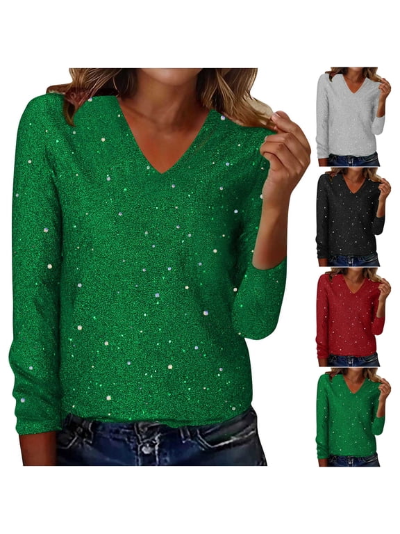 Sequin Shirts for Women Dressy Casual V-Neck Long Sleeve Blouses Fashion Sparkly Loose Fit Pullover Tees Red XL