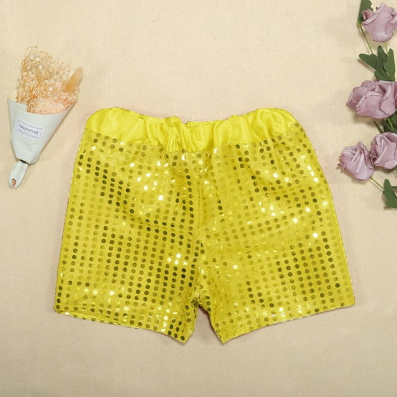Sequin Shorts For Girls High Waist Elastic Straight Leg Shorts Solid Sparkle Performance Party Rave Hot Pants Summer Shorts Dance Short Pants Graduation Ceremony Outfit 2-14Y Yellow,140=9-10Y