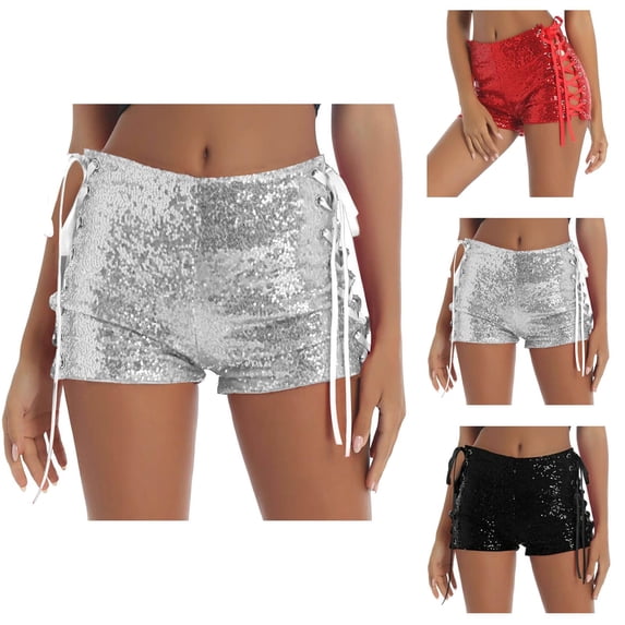 Sequin Shorts for Women 2026 Summer High Waist Hollow out Lace Up Sparkle Bodycon Booty Mini Shorts Clubwear