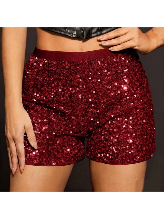 Sequin Shorts for Women High Waisted Club Night Out Party Shorts Glitter Disco Concert Casual Elastic Waist Sparkle Hot Pants Size S-2XL