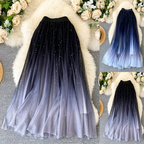 Sequin Skirt for Women Carnival Fairy Starry Sky Gradient Color Mesh High Waist A Line Pleated Casual Comfortable Womens Skirts Blue XXL