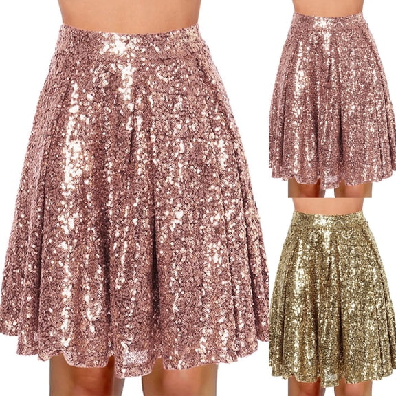 Sequin Skirt for Women Carnival Fashion High Waist Pleated Solid Color Short Loose Casual Comfortable Womens Skirts Gold L