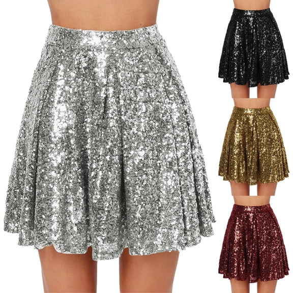 Sequin Skirt for Women Carnival Fashion High Waist Pleated Solid Color Short Loose Casual Comfortable Womens Skirts Silver XXL