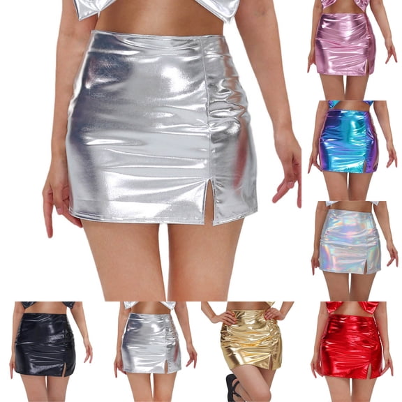 Sequin Skirt for Women Carnival High Gloss Faux Bodycon Mini Side Slit Party Clubwear Stretch Fit Zipper A Line Design Womens Skirts Multicolour M