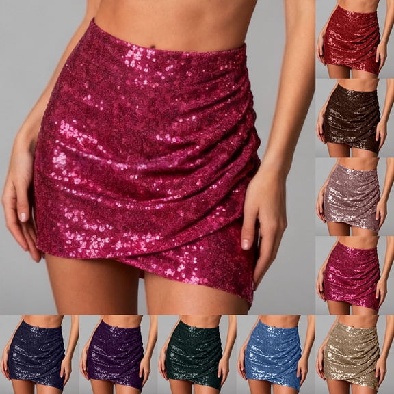 Sequin Skirt for Women Carnival Stylish Mini With Pleated Hem Fitted Sparkly Beaded Embellishments Party Night Out Womens Skirts Hot Pink S