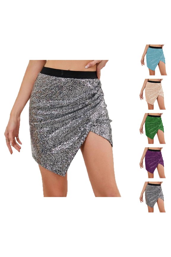Sequin Skirt for Women Sparkly Glitter Mini Skirt High Waisted Asymmetrical Hemline Skirt Rave Outfits