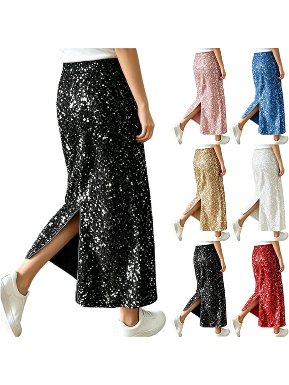 Sequin Skirts for Women, High Rise Elastic Waist Back Split Maxi-Length, Fall Sparkly Cocktail Evening Party Skirt S-XXL