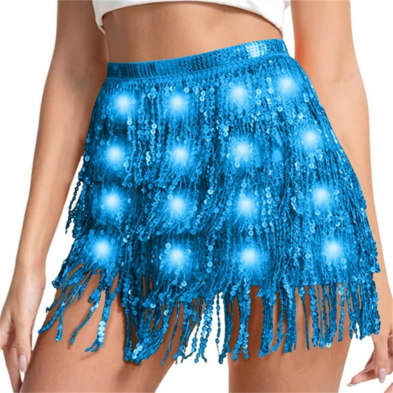 Sequin Skirts for Women LED Shining Fringe Ruffle Flowy A-Line Short Skirts for Juniors Performance