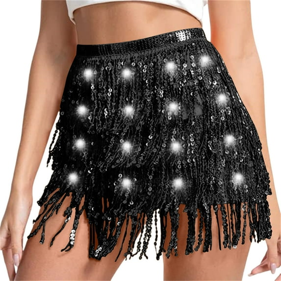 Sequin Skirts for Women LED Shining Fringe Ruffle Flowy A-Line Short Skirts for Juniors Performance