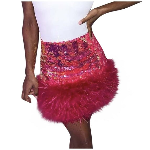 Sequin Skirts for Women Short Sparkly Faux Fur Patchwork Bodycon Mini Length Nightclub High Waisted Skirts (X-Large, Hot Pink)