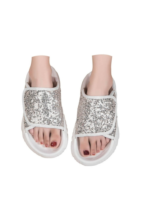Sequin Slides Sandals for Women 2025 Sparkle Wide Width Open Toe Flat Slip on Platform Dressy Slippers