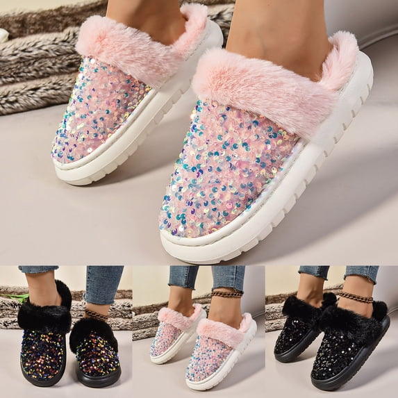 Sequin Slippers For Women Men Cute Fluffy Animal Slippers Warm Winter Wear Home Cozy Furry Soft Indoor Kawaii Shoes Black 37