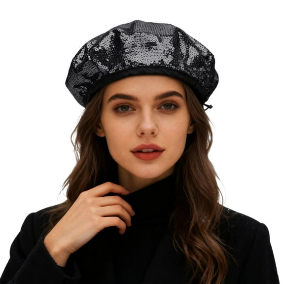 Sequin Sparkly Beret Hat French Artist Cap for Women,Color:Black