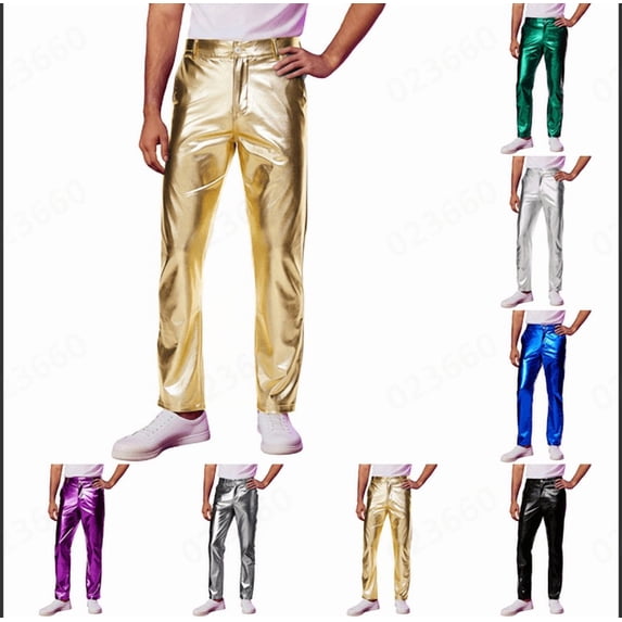 Sequin Sparkly Leather Pants Men - Metallic Shiny Disco Pants for Men, 70s/80s Hip Hop Party Rave Pants, Men's Holiday Clothes, Blue & Size XL
