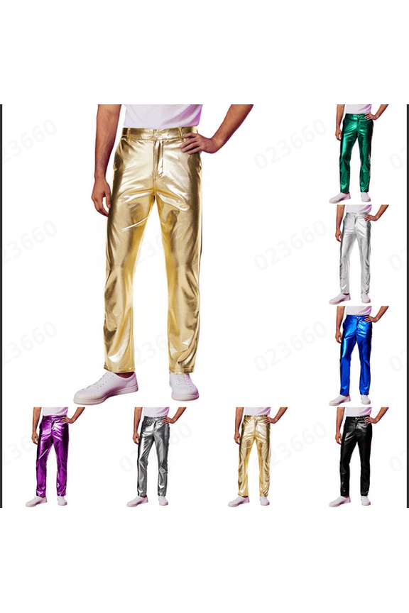 Sequin Sparkly Leather Pants Men - Metallic Shiny Disco Pants for Men, 70s/80s Hip Hop Party Rave Pants, Men's Holiday Clothes, Gold & Size XXL