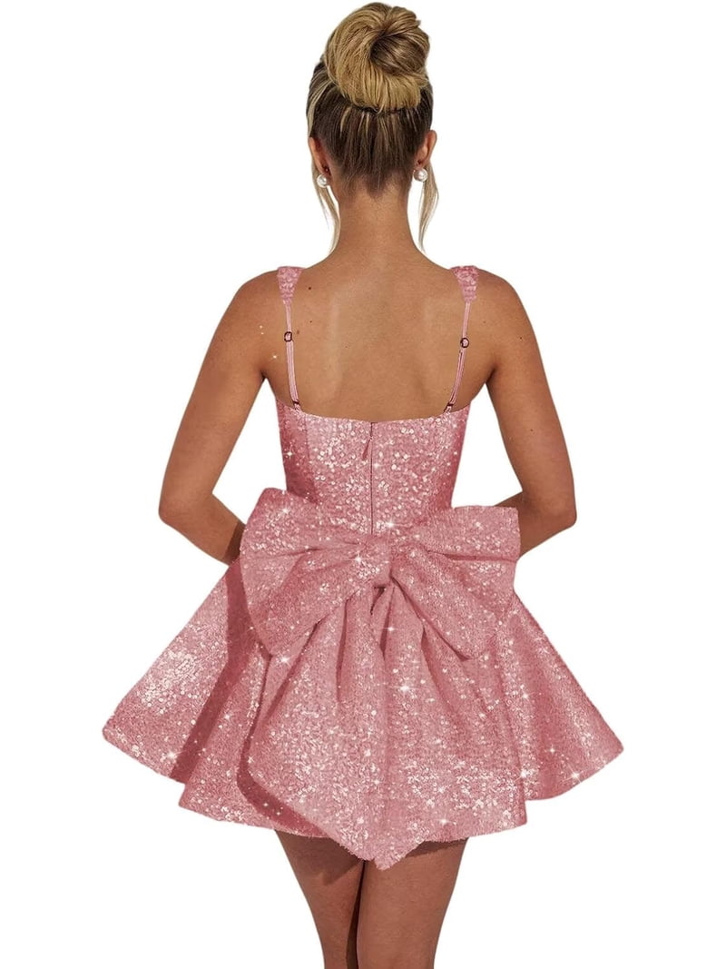 homecoming dresses for teen girls Sequin Square Neck Teens Spaghetti Strap Cocktail Party Dresses with Bow ZU077 import