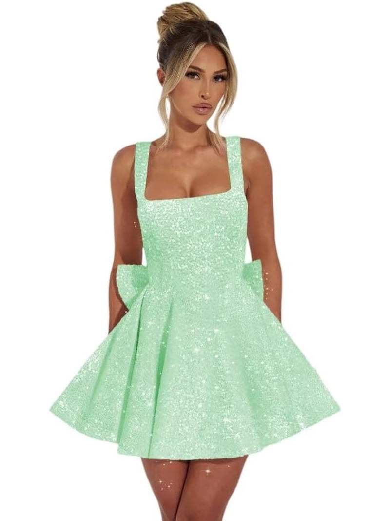 LYQDRSS Sequin Square Neck Homecoming Dresses for Teens Spaghetti Strap Cocktail Party Dresses with Bow Zu077, Girl's, Clear
