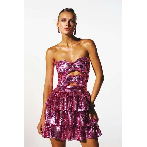 Sequin Strapless Dress with Ruffle Details (S, Rose)