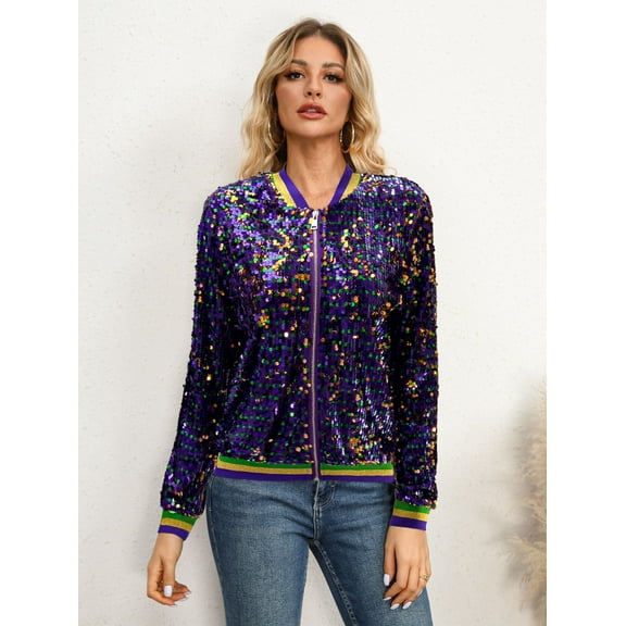 Sequin Stripe Zip-Up Bomber Jacket (L, Purple)