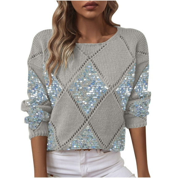 Sequin Sweaters for Women Argyle Sweater Fall Winter Knit Shirts Crewneck Long Sleeve Pullover Tops Lightweight Cardigans Fashion Casual Top Warm Clothes