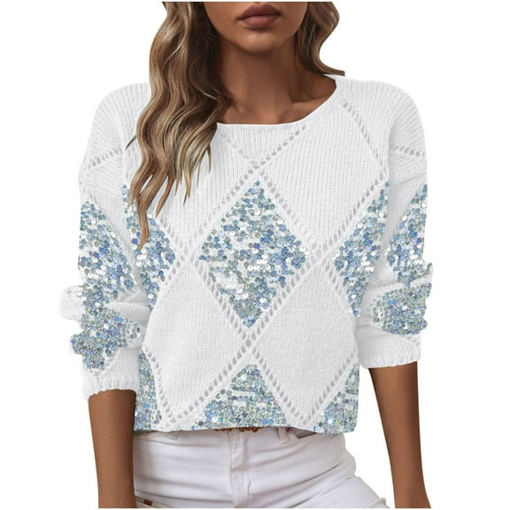 Sequin Sweaters for Women Argyle Sweater Fall Winter Knit Shirts Crewneck Long Sleeve Pullover Tops Lightweight Cardigans Fashion Casual Top Warm Clothes