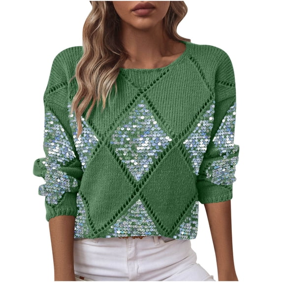 Sequin Sweaters for Women Argyle Sweater Fall Winter Knit Shirts Crewneck Long Sleeve Pullover Tops Lightweight Cardigans Fashion Casual Top Warm Clothes
