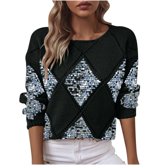 Sequin Sweaters for Women Sparkly Patchwork Argyle Knitted Pullover Tops Long Sleeve Dressy Casual Party Tops (2XL, Black)