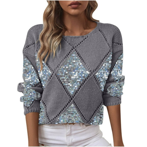 Sequin Sweaters for Women Sparkly Patchwork Argyle Knitted Pullover Tops Long Sleeve Dressy Casual Party Tops (L, Dark Gray)