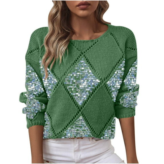 Sequin Sweaters for Women Sparkly Patchwork Argyle Knitted Pullover Tops Long Sleeve Dressy Casual Party Tops (M, Green)