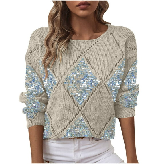Sequin Sweaters for Women Sparkly Patchwork Argyle Knitted Pullover Tops Long Sleeve Dressy Casual Party Tops (S, Khaki)