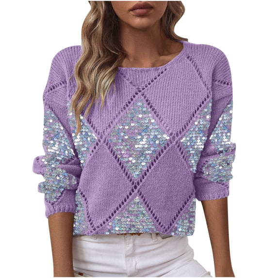 Sequin Sweaters for Women Sparkly Patchwork Argyle Knitted Pullover Tops Long Sleeve Dressy Casual Party Tops (XL, Purple)