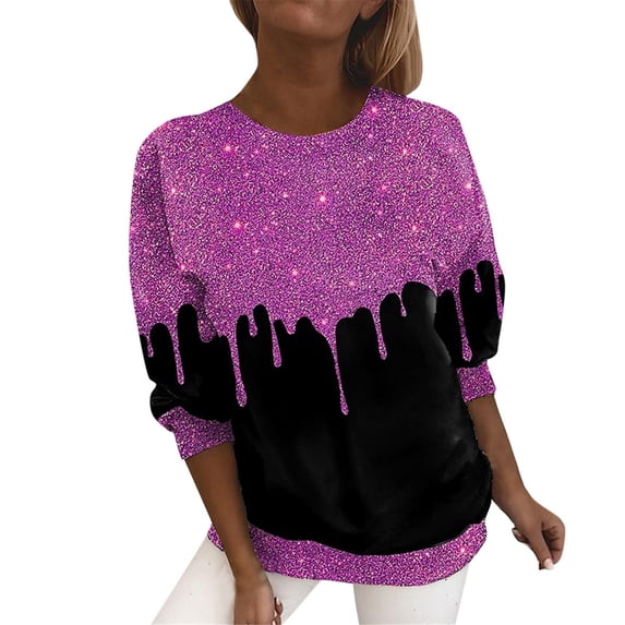 Sequin Sweatshirt for Women Sparkly Print Long Sleeve Glitter Crewneck Evening Party Loose Pullover Tops Hot Pink S