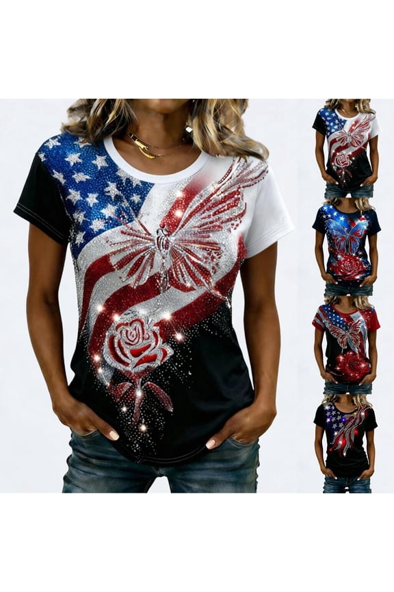 Sequin T Shirts for Women Independence Days Graphic Tee USA 250th Anniversary Shirt Short Sleeve Crew Neck Red Top XXXL