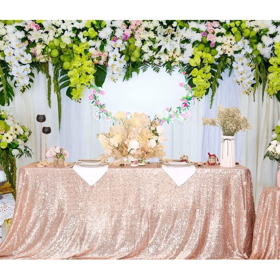 Sequin Tablecloth 50 x 80 Inch Sparkly Table Linen for Wedding Party, Rose Gold