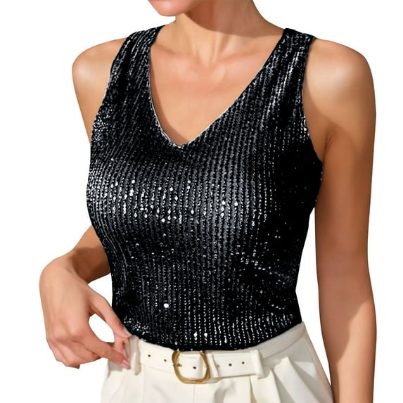 Sequin Tank Tops for Women, Yigetop 2025 Spring Summer European and American Border V Neck Loose Sequin T Shirt for Outer Wear and inner Layering Women's Camisole Womens Tank Tops Black XL