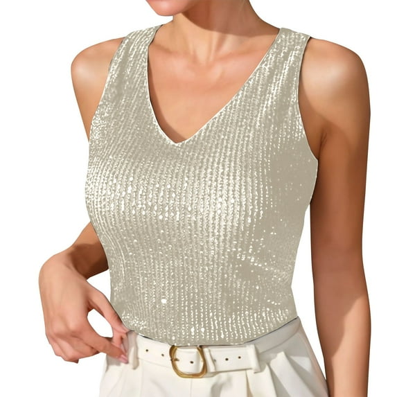 Sequin Tank Tops for Women, Yigetop 2025 Spring Summer European and American Border V Neck Loose Sequin T Shirt for Outer Wear and inner Layering Women's Camisole Womens Tank Tops Beige L