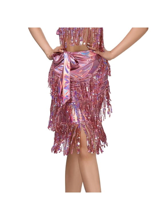 Sequin Tassel Dance Skirts Rave Faux Leather Sparkly Fringe Triangle Wrap Hip Scarf Skirts Pink, Free Size