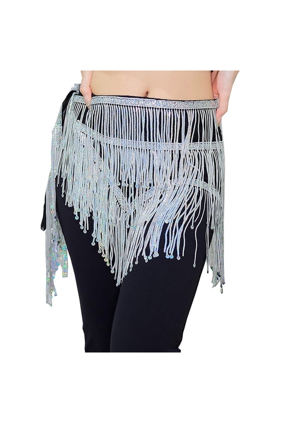 Sequin Tassel Hip Scarf Skirts Womens Sparkly Glitter Fringe Triangle Wrap Skirts Belly Dance Waist Chain Belt White, Free Size