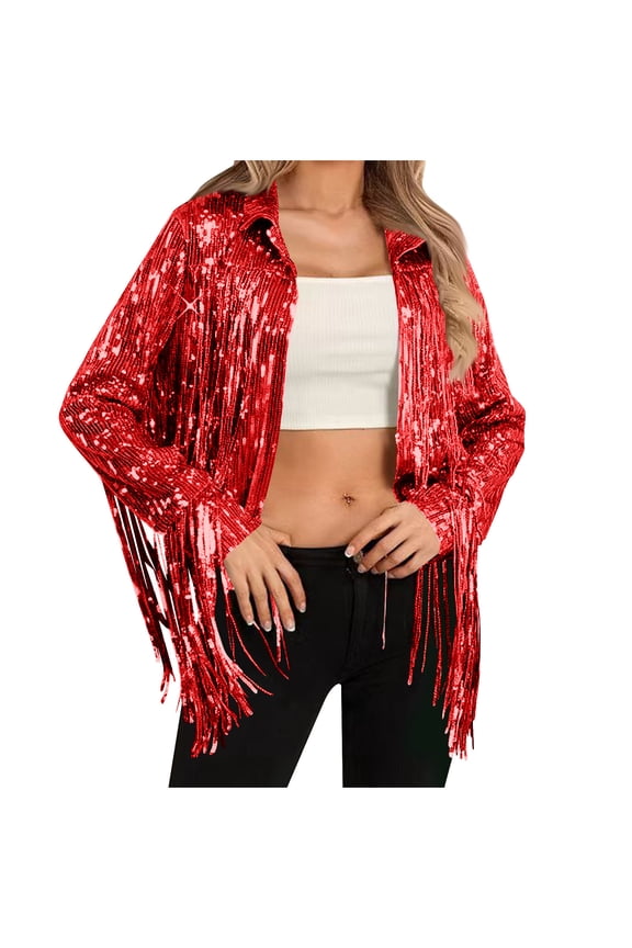 Sequin Tassel Jacket For Women Lapel Front Open Long Sleeve Shiny Disco Y2k Streetwear Jacket Glitter Outwear (S, Red)